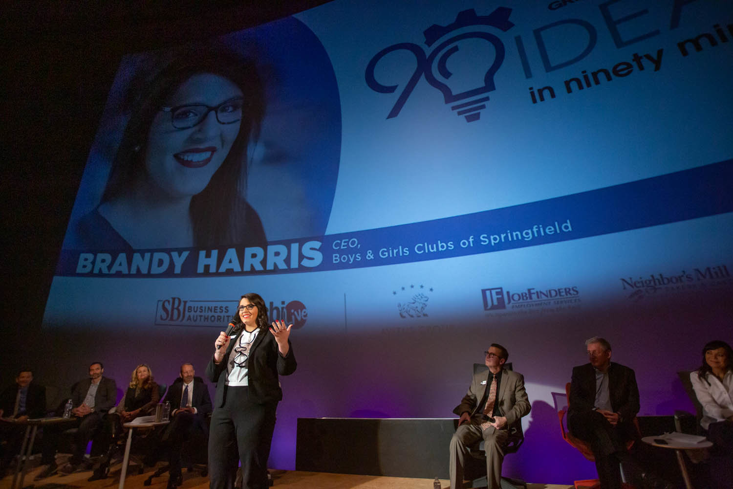 ALL THE IDEAS
First-year Boys & Girls Clubs of Springfield CEO Brandy Harris speaks to the roughly 165 attendees of Springfield Business Journal’s 90 Ideas in 90 Minutes breakfast event. From the nine executives presenting, there were challenges to embrace difficulties, encouragement to see therapists and even tears shed on stage at AMC Springfield 11 IMAX Theater.